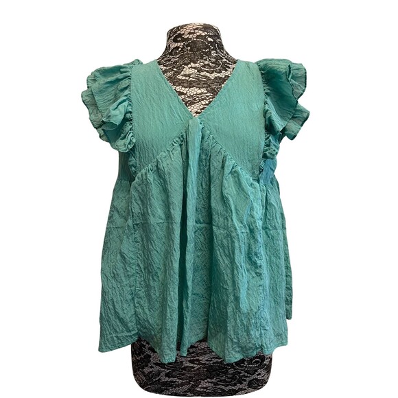 Entro Babydoll Crinkle Top Green Flutter Short Sleeves Ruffles Tie Back V-Neck M - Picture 1 of 16